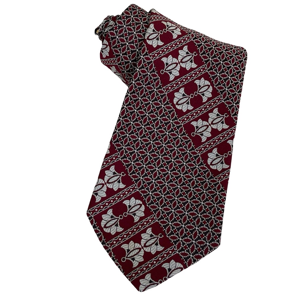Vintage Burdine's Necktie Men Burgundy Geometric Floral 1970s Wide Tie Retro